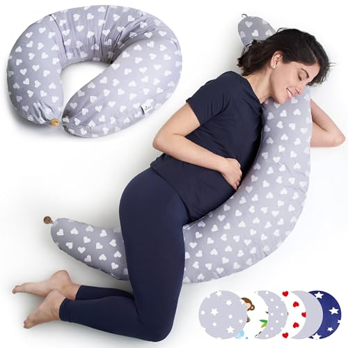 Niimo XXL Pregnancy Pillow & Nursing Pillow - 2-in-1 Design with a 100% Cotton Cover, Machine-Washable, White Hearts (200 x 70 cm)