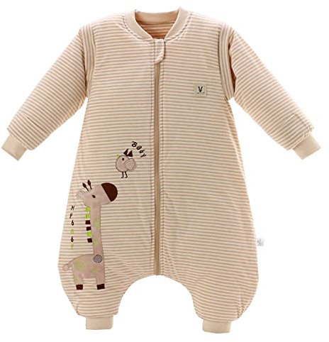 Chilsuessy Saco de dormir de invierno para bebé con pies y pijama de manga larga desmontable de algodón orgánico, saco de dormir para niños pequeños de 1 a 6 años, jirafa/3.5 Tog Grueso, S/Tamaño