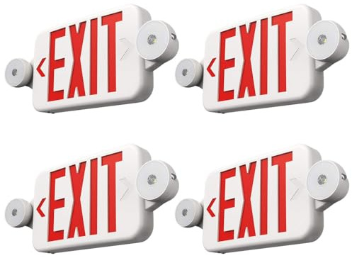 FREELICHT 4 Pack Red Exit Sign with Emergency Lights, Two LED Adjustable Head Emergency Light with Battery, Hard Wired, Exit Sign for Business