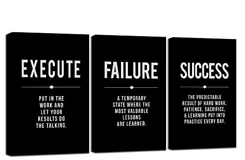 Framed Canvas Wall Art Success Quote For Office, Black Large Positive Motivational Poster, Set of 3, Execute Failure Definition, Inspirational Print (A-3pcs,12x16inchx3pcs)