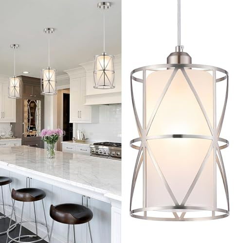 Zlierop Pendant Lights Kitchen Island with Frosted Glass, Brushed Nickel Hanging Kitchen Lights, Cylindrical Modern Pendant Light, Kitchen Pendant Lighting Over Island, Foyer, Dining Room, Entryway