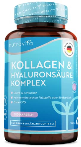 Hyaluronsäure Kollagen Hochdosiert Komplex - 180 Kapseln - Mit 7 zugesetzten Vitaminen - Biotin, Vitamin C & Selen und mehr - Laborgeprüft ohne Zusätze - In Deutschland Hergestellt von Nutravita