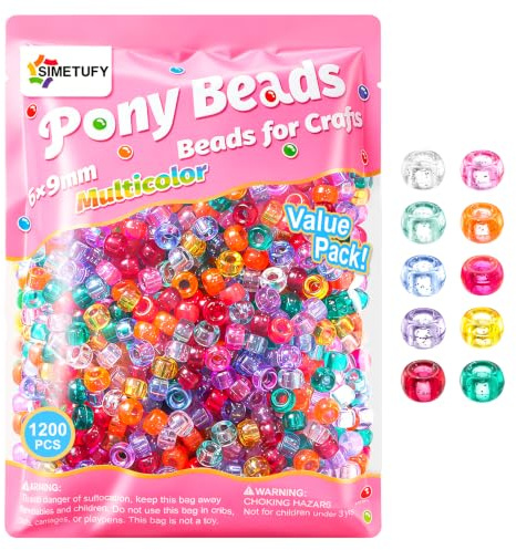 Simetufy Pony-Perlen, 6 x 9 mm, glitzernde, transparente Kunststoffperlen mit funkelndem Glitzer, sortiert, 10 Farben, für Bastelarbeiten, Schmuck, Armbänder, Haarflechten, Schlüsselanhänger