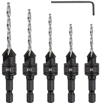 Gunpla 5 tlg. HSS Senker Bohrer Set für Holzbearbeitung, 1/4 Sechskantgriff Spiralbohrer mit Aufstecksenker Durchmesser (d) 4, 6, 8 10 und 12 mm
