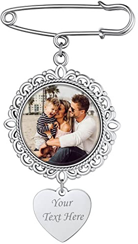 Custom4U Stainless Steel Photo Brooch Silver Gold with Picture Engraving Memorial Pendant Bridal Bouquet with Photo Pendant Silver for Wedding Boutonniere Pin Bouquet Charms