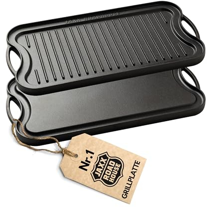 JAXX ROADHOUSE Piastra in ghisa | Piastra in ghisa da posizionare su barbecue a carbone/gas e forno e fornelli | Plancha, Teppanyaki, hamburger, verdure, 50,5 x 26 x 2,5 cm
