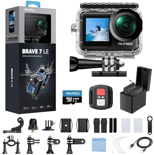 AKASO Brave 7 LE 4K30fps Action Camera with 64GB MicroSDXC U3 Memory Card Accessories Kit Bundle Ultra HD 131FT Waterproof Camera EIS 2.0 WiFi Remote Control Zoom Underwater Camera