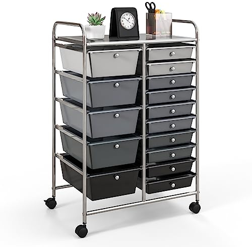GIANTEX Rollwagen mit 15 Schubladen stapelbar, Schubladenwagen Badrollwagen Küchenwagen mit feststellbaren Rollen, Aufbewahrungswagen Haushaltswagen für Küche Bad Büro 63x37x87 cm (Dunkelgrau+Schwarz)