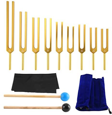 Tagtight 9 Pcs Chakra Stimmgabel Set, Medizinisch Stimmgabeln Stimmgabeln Instrument mit 2×Silikonhammer und Hammer Tasche für Heimmeditation oder Yoga, Klangtherapie Heilung, Reparatur Heilung