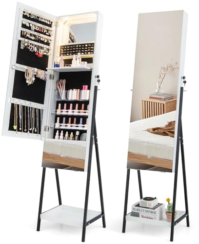 GOPLUS Schmuckschrank mit Ganzkörperspiegel, Spiegelschrank Schmuck mit LED-Beleuchtung, freistehender Schmuckspiegel mit Ablage, Schmuckorganizer für Schlafzimmer (Weiß)