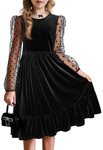 Arshiner Vestido de Terciopelo Niña Liso Vestido de Manga Larga Vestido de Línea A Cuello Redondo Vestido para Niños Vestido de Halloween Vestido de Invierno Vestido de Fiesta Negro 10-11 Años