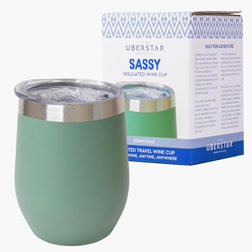 EST 2012 UBERSTAR BARWARE & GIFTS Sassy Stainless Steel Insulated Travel Wine Tumbler/Hot or Cold Drinks/Double Walled Cup 350ml / Cup with Lid Wine Water Coffee Cocktails (Sage Green)