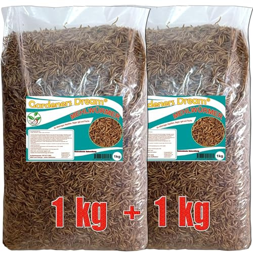 Gardeners Dream getrocknete Mehlwürmer in 1+1kg Abpackung, Protein- und fettreich, verfeinert und gesiebt, für Fische, Nager, Vögel, Reptilien, auch Koifutter oder Igelfutter