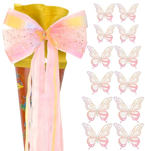 Dfuqanb 12pcs Schleife Schultüte Mädchen, Zuckertüte Mädchen, Schultütenschleife Lila Zuckertüten, 3D Schmetterlinge Schulanfang Dekoration Schmetterling Deko Schultüte Bastelse für Zuckertüten und