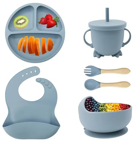 Eliano Set di stoviglie per bambini in silicone da 6 pezzi – piatto antiscivolo, ciotola, bicchiere con cannuccia, forchetta, cucchiaio, bavaglino – lavabile in lavastoviglie, senza BPA, adatto al