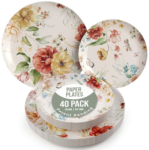 Trendables Floral Paper Plates 8.5 Inch & 10.5 Inch 40 Pcs Dinner Plate Set Fancy Disposable Plates for Party for 20 Guests 20 X 8 & 20 X 10 Large & Small Paper Plate Set for Parties Aviv