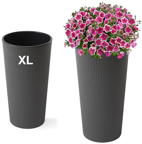 MELTOM Blumenkübel Rund Hochglanz Slim Blumentopf mit Herausnehmbaren Einsatz (Schwarz, XL - 57 cm)