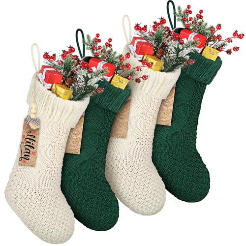 Cozypower Weihnachtsstrümpfe mit Namensschild, 45,7 cm, große Zopfstrickstrümpfe, Weihnachtsstrumpf, Kamin, hängende Strumpf, Geschenktüten für Kamin, Weihnachtsbaumschmuck (weiß, grün), 4 Stück