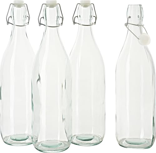 VBS Bouteille en Verre avec Fermeture à étrier Ronde, 1 Litre, 4 pièces, Conservation idéale, étanche à l'air, réutilisable, écologique, Bouteilles en Verre Pratiques
