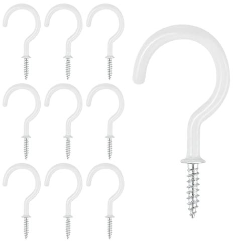 XFentech 10 Pieces Ceiling Hooks - 2 Inch White Cup Hooks Metal Ceiling Screw-in Hooks with PVC Plastic Vinyl Coating Multipurpose Utility Hooks for Home and Office