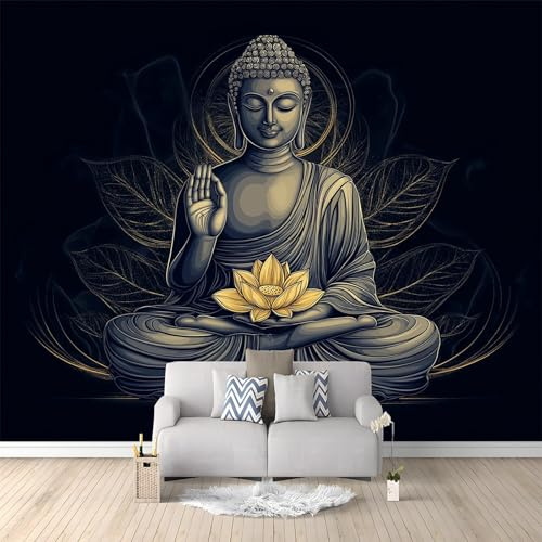 Papel Pintado Efecto 3D Elegante Buda con flor de loto Salón Dormitorio Negro Fotomurales Pared Tejido No Tejido Decorativos Murales Fotográfico Decoración de Paredes 250 x 175 cm mural