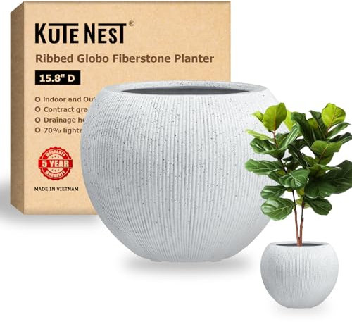 KUTE NEST Gerippter Globo Pflanztopf aus Fiberstone, mittelgroß, 32,8 cm hoch, Pflanztopf mit Drainageloch, Pflanzgefäße für den Innen- und Außenbereich (mittelgroß, gesprenkeltes Weiß)