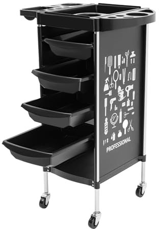 Friseurwagen, 6 Tier Friseur Arbeitswagen, Stapel Salon Trolley, Rollwagen mit Einziehbare Ablagen | 4 Schubladen | Leise Rollen für Friseurladen Schönheitssalon Nagelstudio (34 * 37 * 88cm, Schwarz)