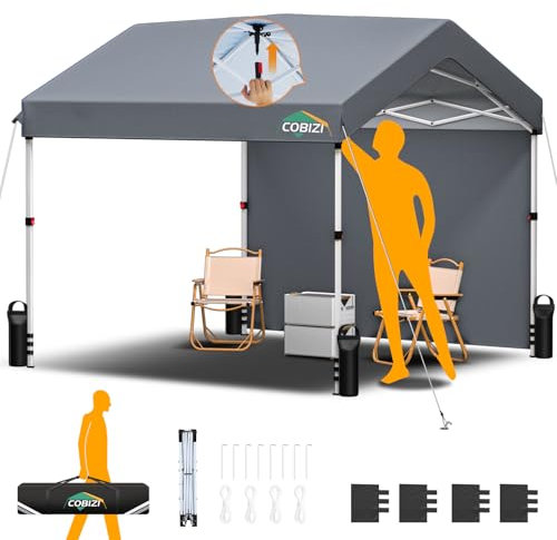 COBIZI Carpa Plegable 3x3m, Carpa Garaje Emergentes de un Solo Toque con 1 Paredes Laterales Impermeable Protección UV, Cenadores para Jardin Fiestas Camping Playa Pergolas (3 por 3m Gris)