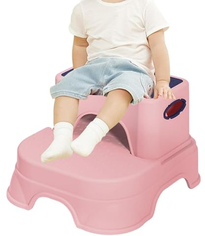- Taburete con base antideslizante, taburete ergonómico de dos niveles para niños y niños pequeños con asa, taburete de baño para niños,