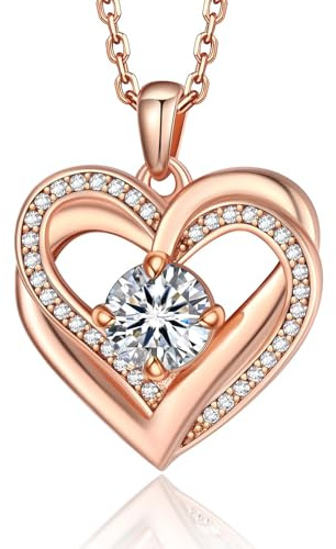 MomentWish Collar Mujer Doble Corazón Oro Rosa, Cadena de plata 925 con Moissanite de 1 Quilate y Colgante en Forma de Corazón Regalo para Mujeres y Novias(45+5 cm)