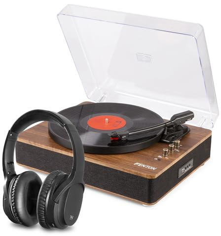 Fenton RP162 Record Player with Wireless Headphones – Bluetooth Vinyl Player with Turntable Bluetooth Output, Built-in Stereo Speakers & USB MP3 Playback – Noise Cancelling Headphones Included