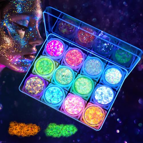 AWAMRWA Visage à paillettes - 12 couleurs fluorescentes - Accessoire de festival - Gadget pour visage, ongles, yeux et cheveux