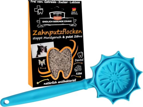 QCHEFS Lick Stick Blau & Zahnputzflocken Hund Schleckmatte gegen Stress | als Schleckmatte to Go, Leckerli fürs Training, gegen Stress, Clicker Hundetraining