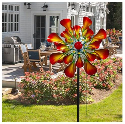 Hazomeu Windrad Metall 57cm Rotor-Durchmesser Wind Turbine Windrad Windblätter 3D Optik Windmühle für Terrasse und Garten