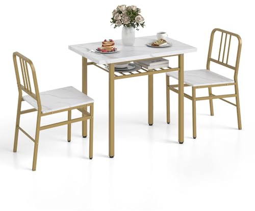 COSTWAY 3 Piece Dining Table Set, Rectangular Breakfast Kitchen Table and Chairs with Storage Rack, Metal Legs & Adjustable Foot Pads, Space Saving Counter Dining Room Set (White + Gold)