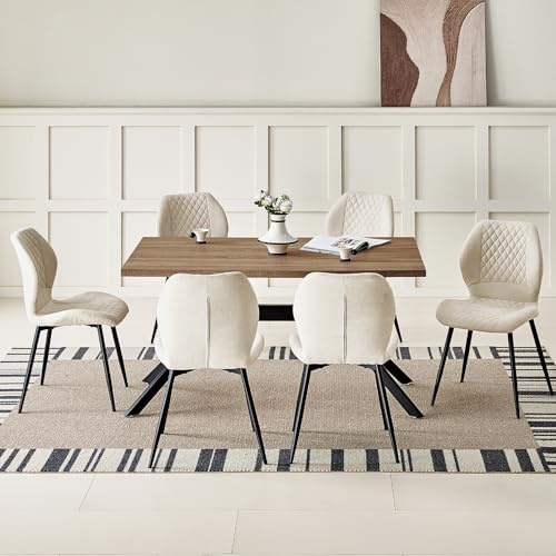 JIJIAN Essgruppen mit Dunkelbraun Holz Esstisch und 6 Beige Stühle | Rechteckiger Esstisch in 140 x 80 x 76 cm mit 6 Ergonomischer Design Leinen Esszimmerstühle, für Esszimmer, Küche, Wohnzimmer