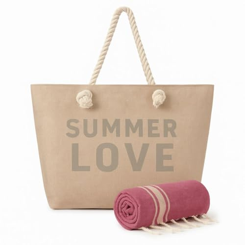 Genérico Bolso de Playa Beige,Grande con Pareo Rosa a Juego, Set para Verano Summer Love