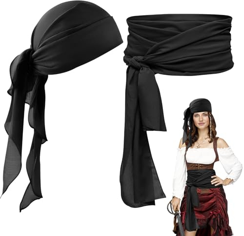 YUYWWAN Piraten Kopftuch Schärpe, Mittelalter Piratenkostüm Zubehör für Damen Herren, Piratentuch Piraten Schärpe, Pirate Accessories für Kinder Erwachsene Halloween Karneval Rollenspiel (Schwarz)