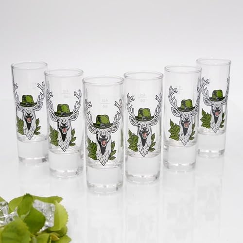 Set di 6 bicchieri da liquore – Design testa di cervo – 6,5 cl con 2 cl & 4 cl tacca – a scelta pura o colorata – Idea regalo per feste e amici, uomini e donne, cervo cappello, GTK27.30.41