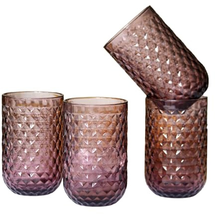 Darthome Set of 4 Diamond Glass Tumblers 400ml Colourful Embossed Water Drinking Glasses (Pink)