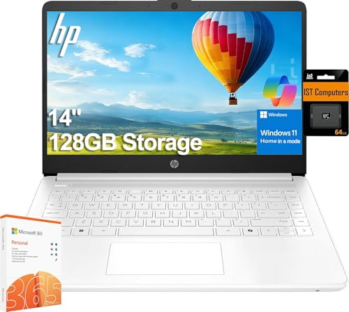HP 14 Ultra-Light Laptop for Student & Home (1-Year Office 365, Intel Celeron N4500, 4GB RAM, 128GB Storage (64GB + 64GB SD)) 12-Hr Long Battery Life, Webcam, Wi-Fi 6, Fast Charge, Win 11 Home in S