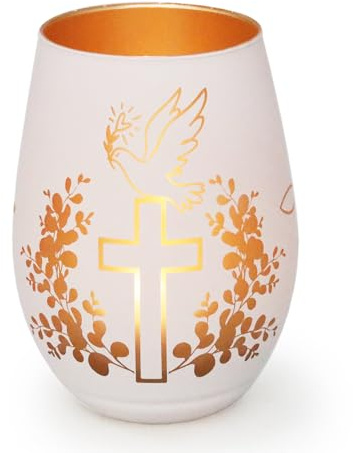 Religiöses Teelichtglas Kreuz & Friedenstaube (1 Stück), Edler Kerzenhalter Glas für Konfirmation, Kommunion & Taufe, Christliche Tischdekoration & Osterdeko, Geschenk zur Firmung