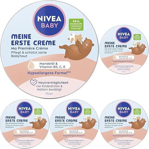 NIVEA BABY Meine erste Creme, vegane und hypoallergene Hautcreme, feuchtigkeitsspendende Creme für Babys mit Mandelöl & Vitaminen, Babypflege ohne Parabene (75 ml) (Packung mit 5)