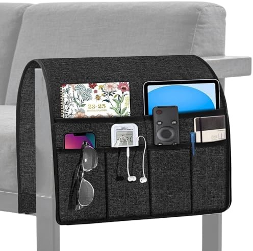 Genérico Sofa Armrest Organizer - Non Slip Couch Armchair, Remote Control Holder Storage, Multi Pocket Bedside Organizer for Gadgets, Snacks, Books, Phone, Linen Fabric, 18.9x35.04Inch