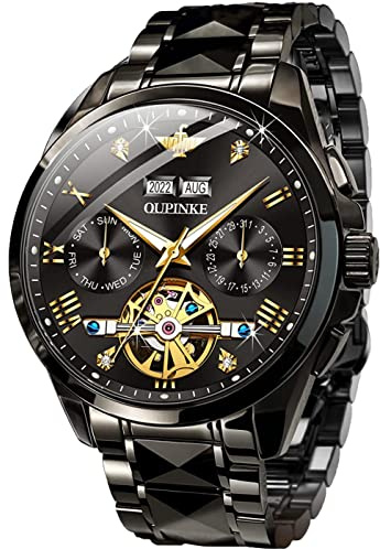 OLEVS Uhr Herren Automatik, Automatik Uhr Herren mit Mondphasenanzeige & Offenem Herzwerk, wasserdichte Herrenuhr Automatik Edelstahl, Uhren Herren für Alltag & Feierlichkeiten