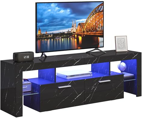 Hyaapwod TV Schrank Hochglanz, Lowboard Schwarz, mit LED-Beleuchtung, Fernsehschrank für Fernseher bis zu 70 Zoll, mit Zwei Großen Schränken, 160 x 35 x 45 cm, Marmor Schwarz
