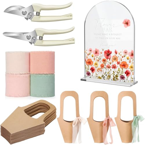Kolldenn 37 Pcs Flower Bar Supplies Build Your Own Bouquet Bar Supplies | Bloom Bar Kit, Acrylic Flower Bar Sign, Bouquet Holder, Flower Wrapping Ribbon, Garden Scissors, Floral Thank You Gifts