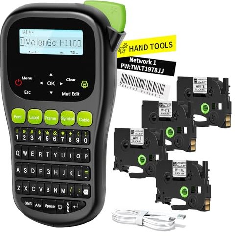 VolenGo Etichettatrice H1100 con 4 nastri, etichettatrice retroilluminata, stampante portatile per etichette per congelatore impermeabili da 12 mm, tastiera QWERTY e 3 modalità cavo, per casa e