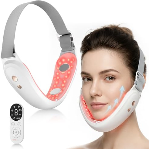 Belleskin V-Face Shaping Electric Massager, Microcurrent Facial Lifting Device, 42°C Heating, 9 Levels 4 Modes, Red & Blue LED Light Therapy, Double Chin Reducer with Remote Control for Women, USB-C