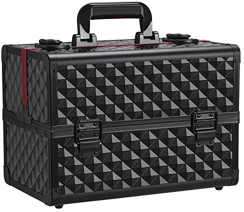 Yaheetech Professional Makeup Box Extra Large Cosmetic Case with 4 Trays, Beauty Nail Polish Jewellery Case Train Case Lockable, Black/Red